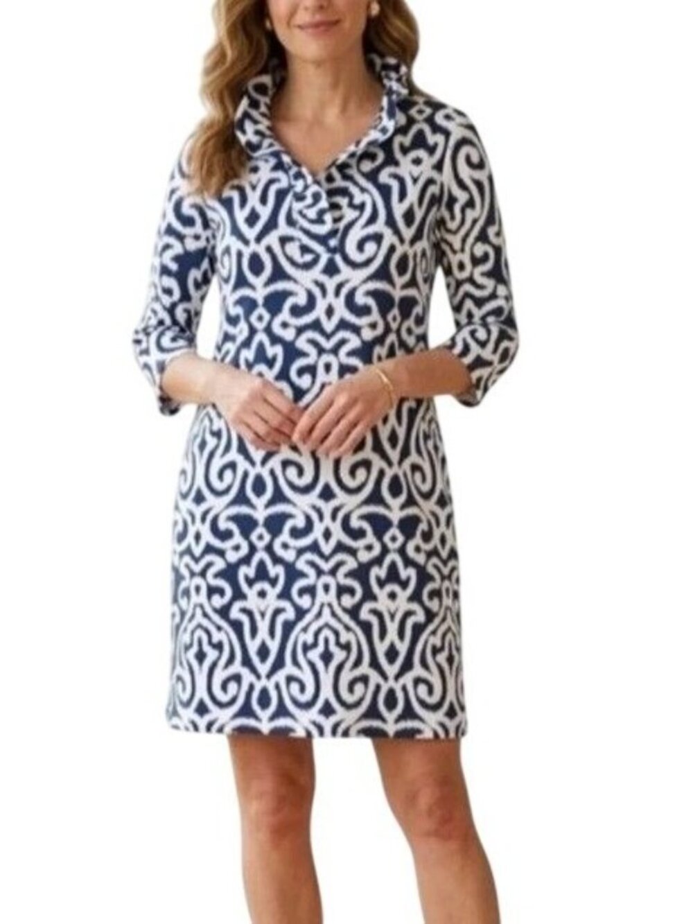 Gretchen Scott Women's Blue & White 3/4 Sleeve Ruffle Collar Shift Dress Size L - Picture 2 of 8